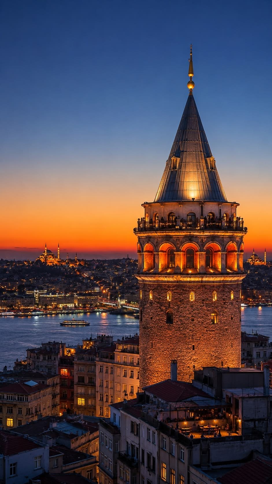 Galata Tower in Beyoğlu, Istanbul, lit up at dusk over the Golden Horn